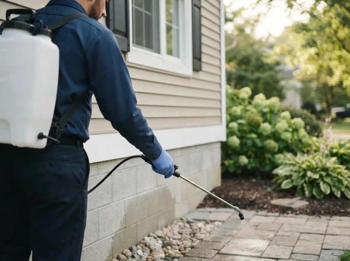 Pest control technician inspecting a home in Jefferson, ME